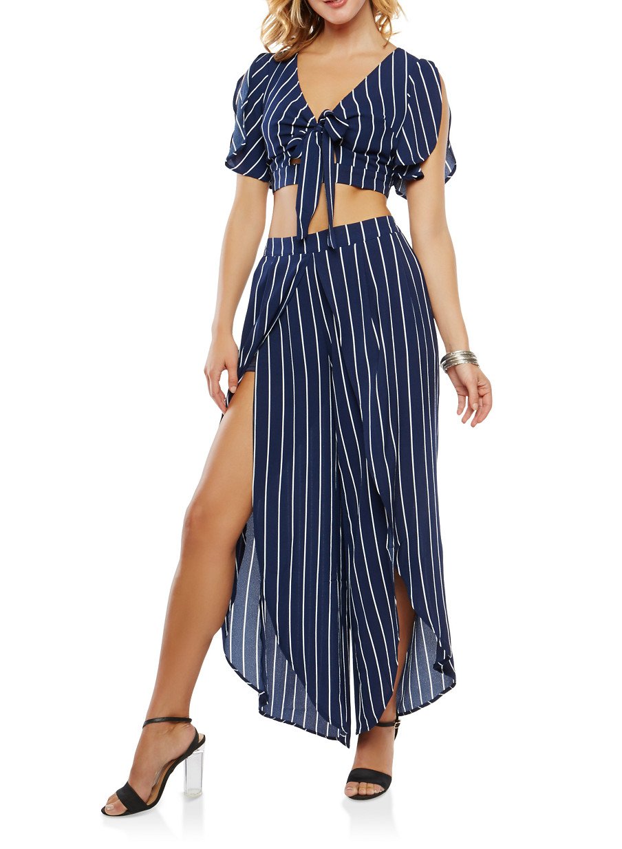 Striped Crop Top with Split Leg Palazzo Pants Set