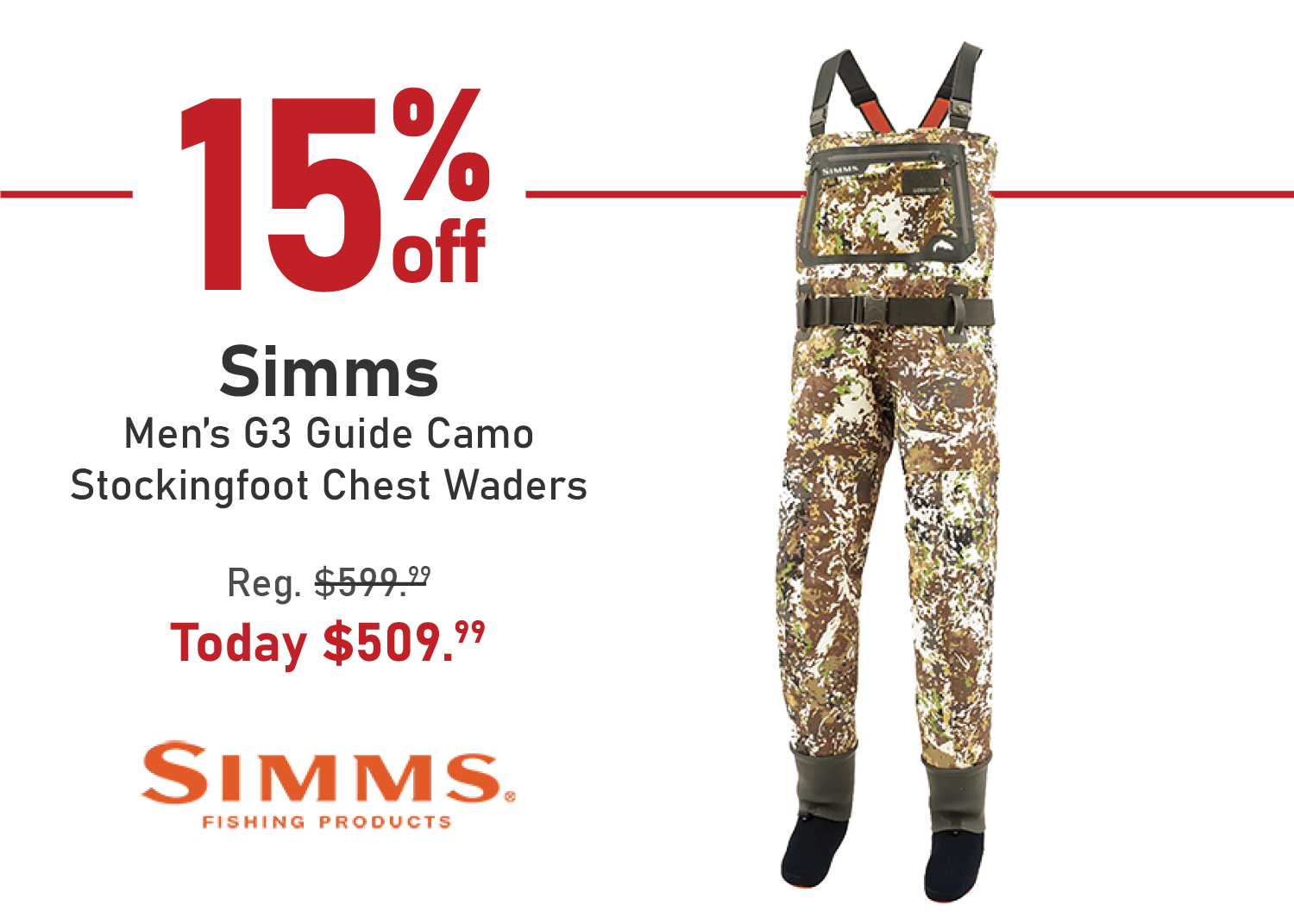 Take 15% off the Simms Men's G3 Guide Camo Stockingfoot Chest Waders