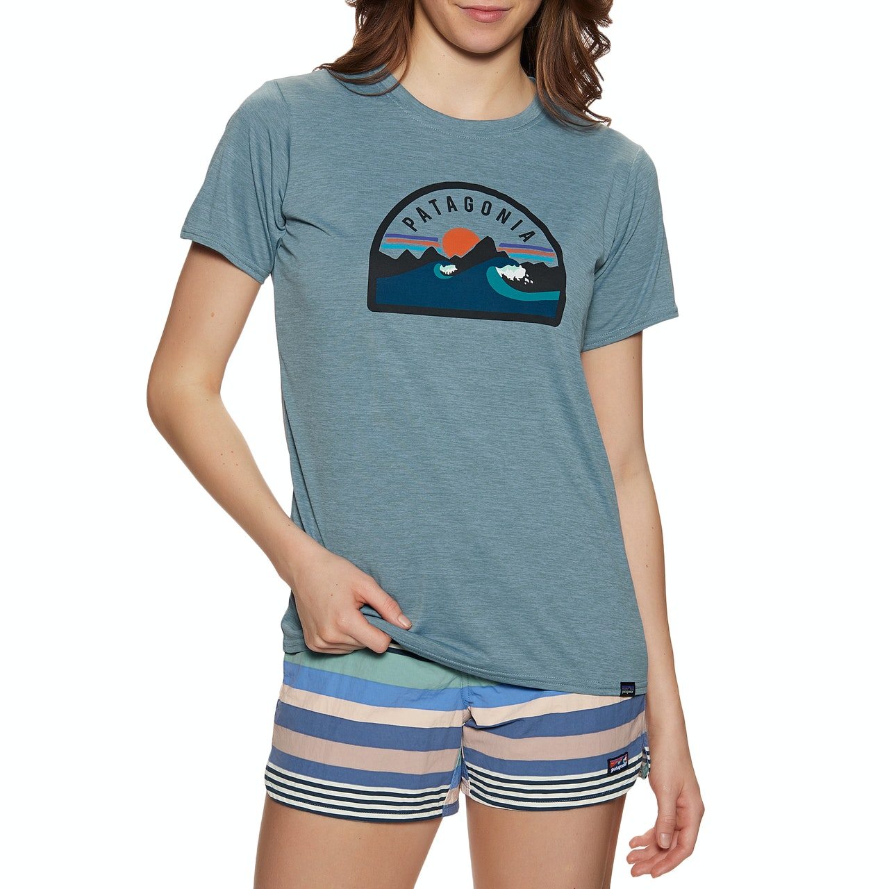 Patagonia Cap Cool Daily Graphic Womens Short Sleeve T-Shirt - Boardie Badge: Light Plume Grey X-dye