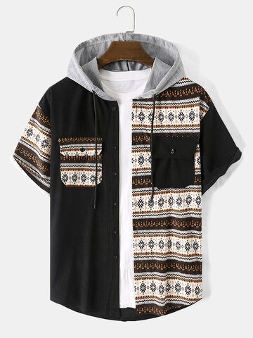 Ethnic Pattern Patchwork Hooded Shirts