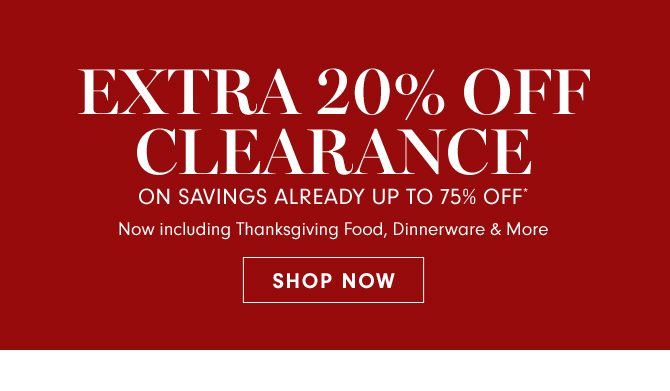 EXTRA 20% OFF CLEARANCE ON SAVINGS ALREADY UP TO 75% OFF* - SHOP NOW