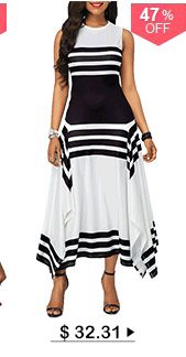 Stripe Print Asymmetric Hem Sleeveless Midi Dress