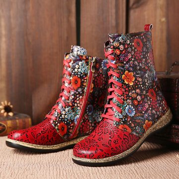 SOCOFY Retro Flower Leather Boots