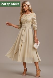 ROTITA Embroidery Champagne Round Neck 3/4 Sleeve Dress