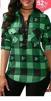 Plaid Print Lace Up Front ST Patricks Day Green Blouse