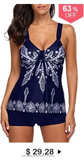 Printed Open Back Navy Padded Tankini Set