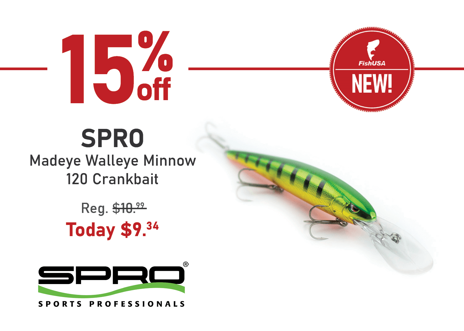 Save 15% on the SPRO Madeye Walleye Minnow 120 Crankbait!
