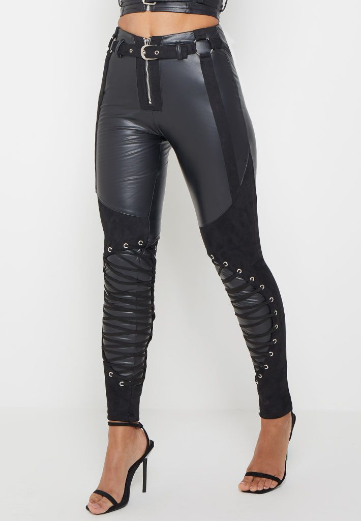 Vegan Suede Buckle Detail Leggings - Black