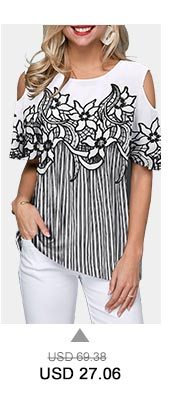 Cold Shoulder Flower Print Striped Blouse