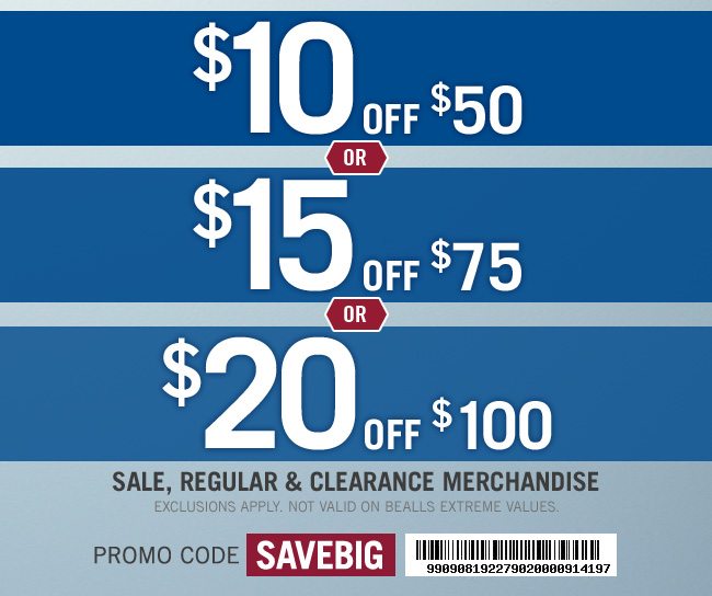 $10 Off $50+, $15 Off $75+, or $20 off $100 | Code SAVEBIG | Get Coupon | Exclusions Apply