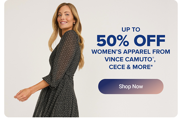 A woman in a green dress. Up to 50% off women's apparel from Vince Camuto, CeCe and more.