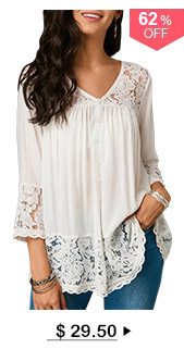 Button Up Lace Patchwork White Blouse