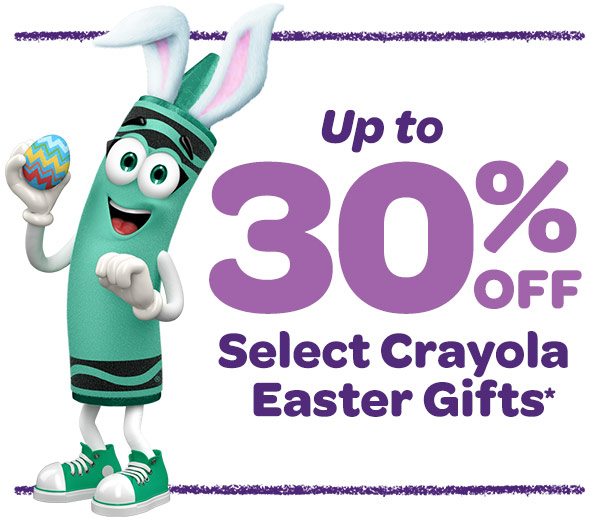 Up to 30% off on select Crayola Easter gifts on Amazon, with teal crayon character wearing bunny ears holding an Easter egg