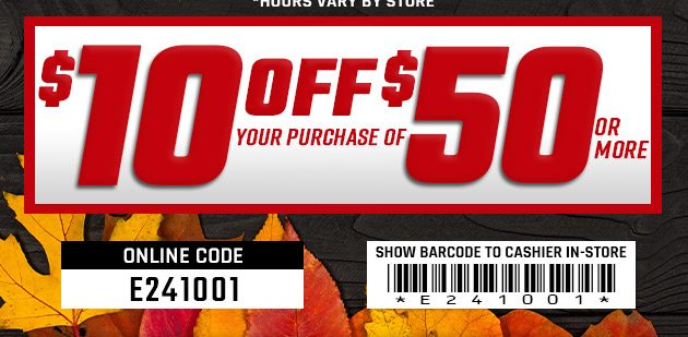 $10 off $50. Exclusions apply. Use code E241001