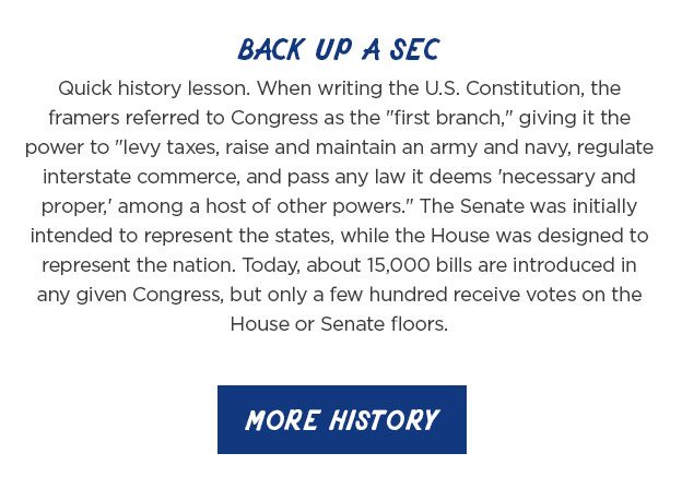 Back up a sec... Quick history lesson. When writing the U.S. Constitution, the framers referred to Congress as the "first branch," giving it the power to "levy taxes, raise and maintain an army and navy, regulate interstate commerce, and pass any law it deems 'necessary and proper,' among a host of other powers." The Senate was initially intended to represent the states, while the House was designed to represent the nation. Today, about 15,000 bills are introduced in any given Congress, but only a few hundred receive votes on the House or Senate floors. Button: More History