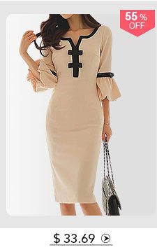 Flare Sleeve Bowknot Embellished Split Neck Beige Dress