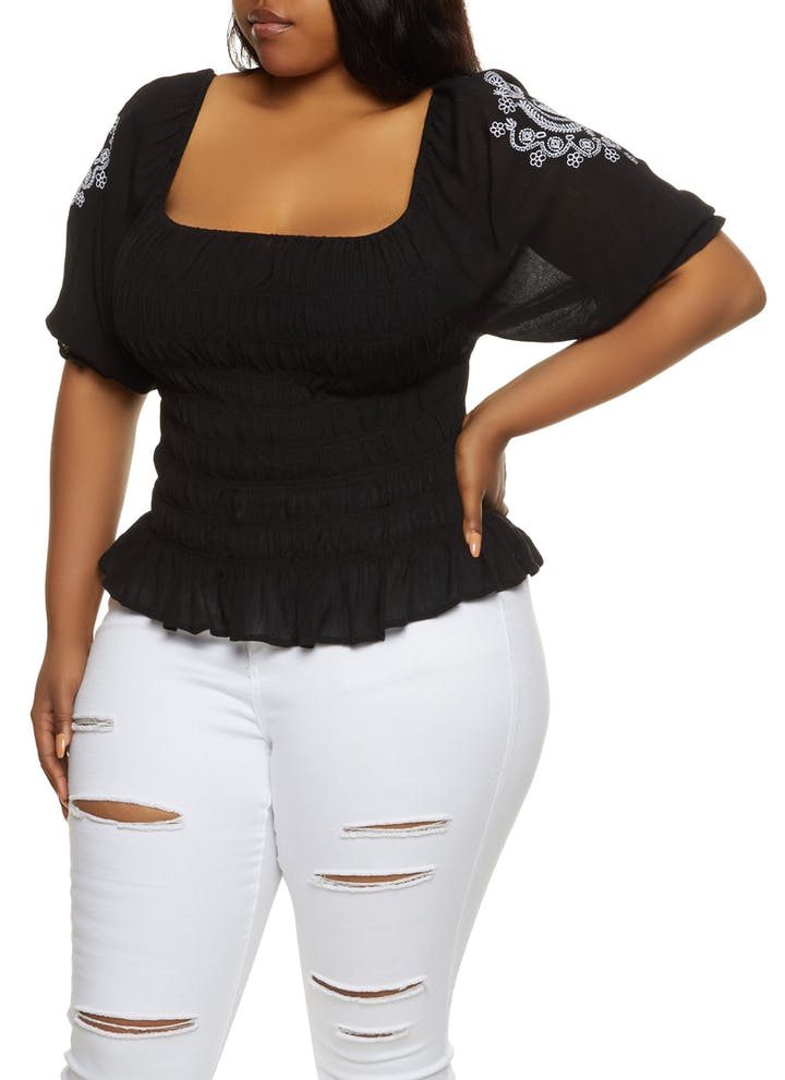 Plus Size Smocked Embroidered Sleeve Blouse