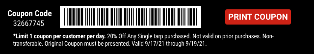 Everyone Saves 20% off any Tarp - Inside Track Members Save 25% - Barcode