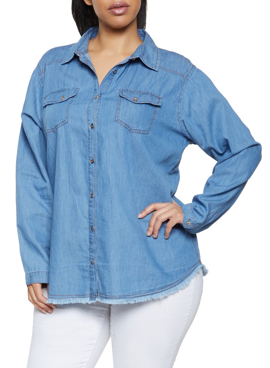 Plus Size Frayed Hem Denim Shirt