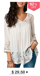 Button Up Lace Patchwork White Blouse