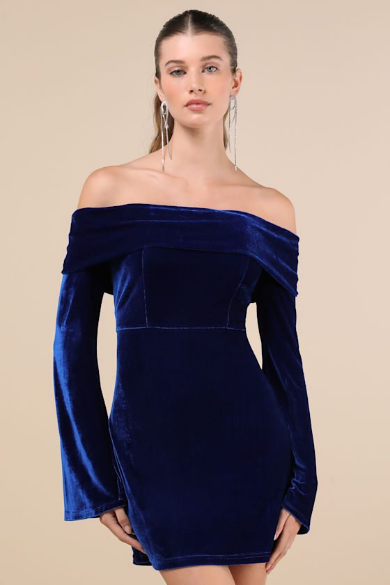 Image of Alluring Glam Dark Blue Velvet Off-the-Shoulder Mini Dress