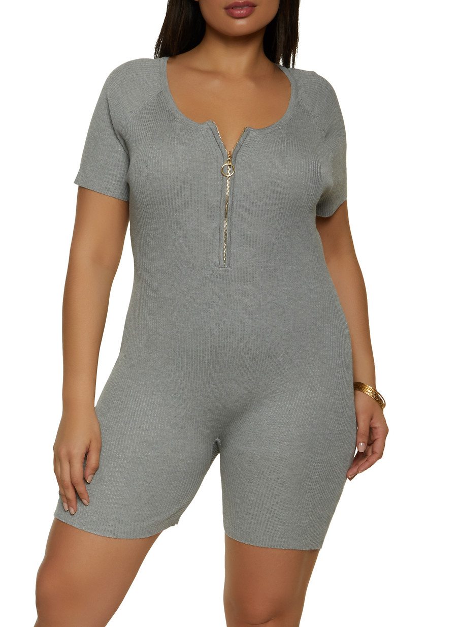 Plus Size Half Zip Ribbed Knit Romper