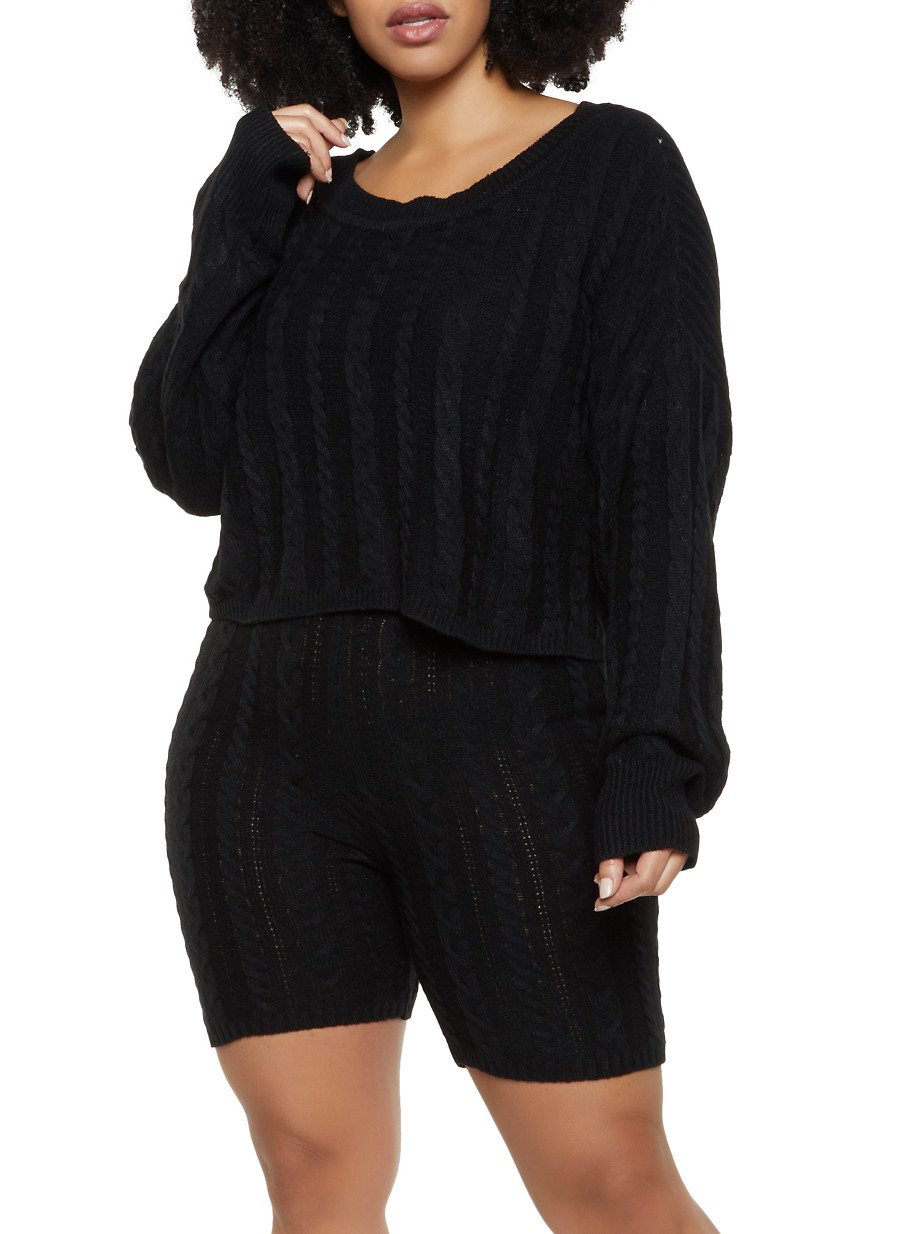 Plus Size Cable Knit Sweater and Bike Shorts Set