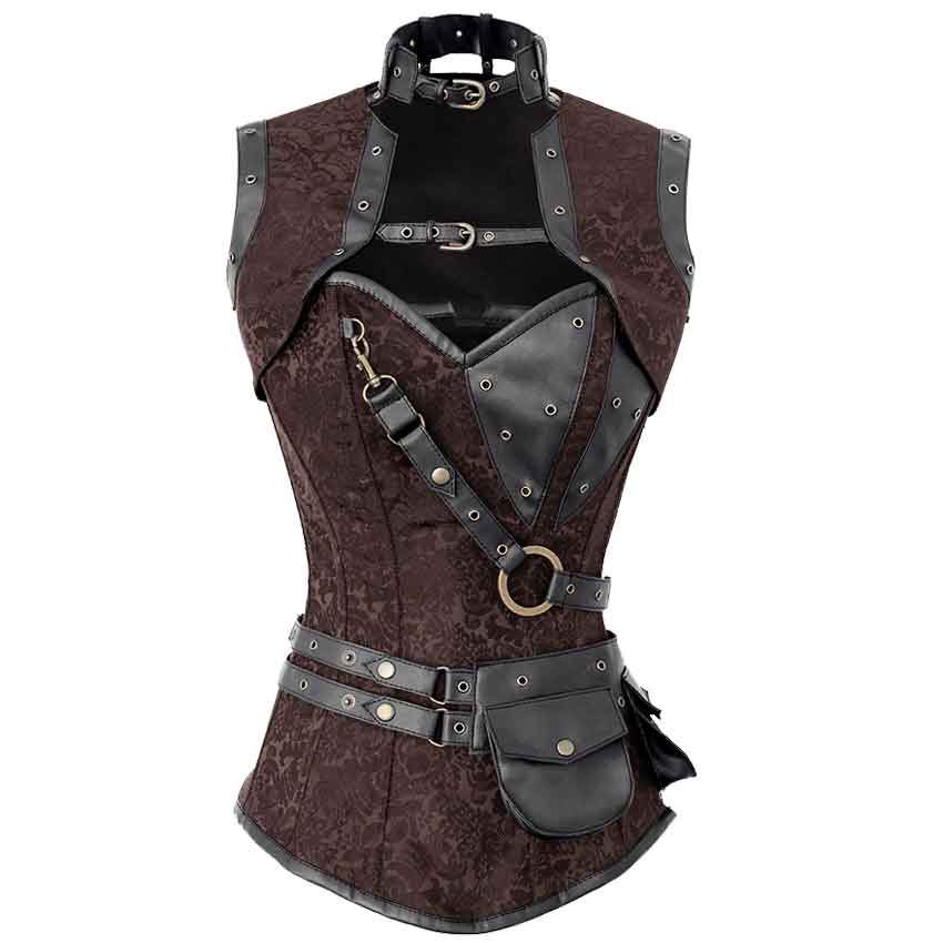 Image of Steampunk Brown Brocade Overbust Corset with Detachable Jacket