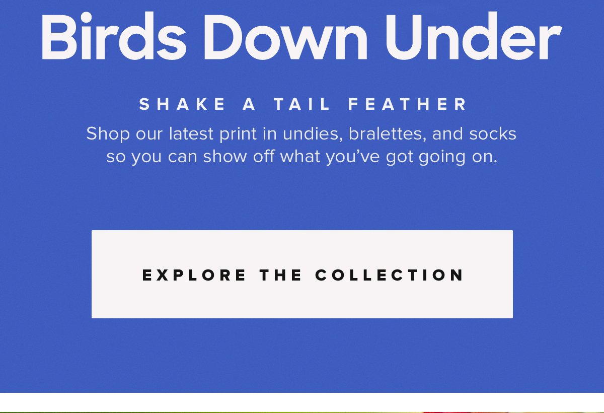 Birds Down Under Shake a tail feather Shop our latest print in undies, bralettes, and socks so you can show off what youâ€™ve got going on. Explore The Collection