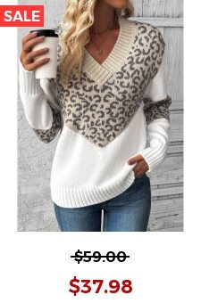 Light Camel Patchwork Leopard Long Sleeve V Neck Sweater