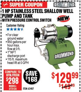 1 HP Stainless Steel Shallow Well Pump and Tank with Pressure Control Switch - 950 GPH