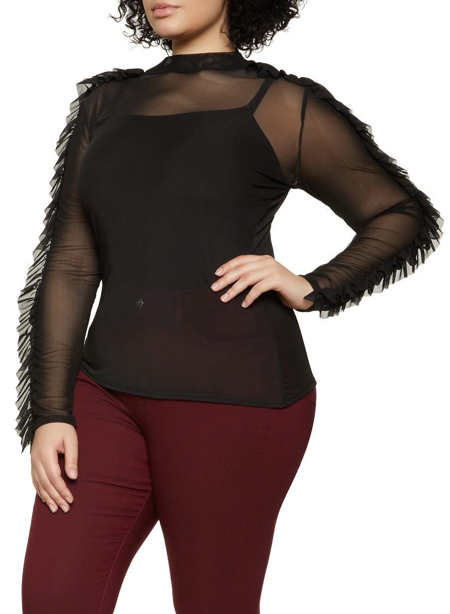 Plus Size Ruffled Sleeve Mesh Top