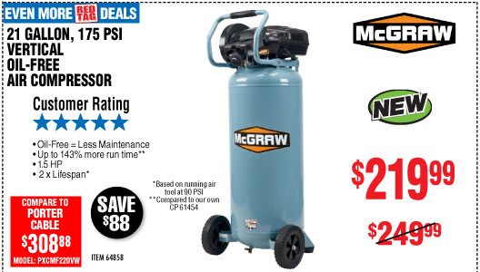 View 21 gallon 1.5 HP 175 PSI Oil-Free Vertical Air Compressor