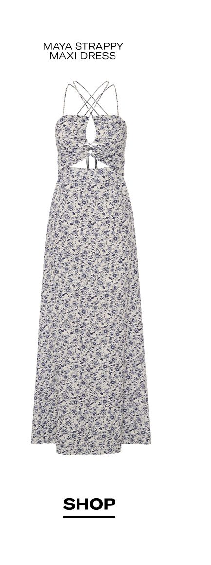 AMALIE THE LABEL - MAYA STRAPPY CUT OUT DETAIL MAXI DRESS IN BLUE PORCELAIN FLORAL