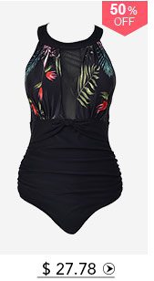 Ruched Tropical Print Black One Piece Swimwear