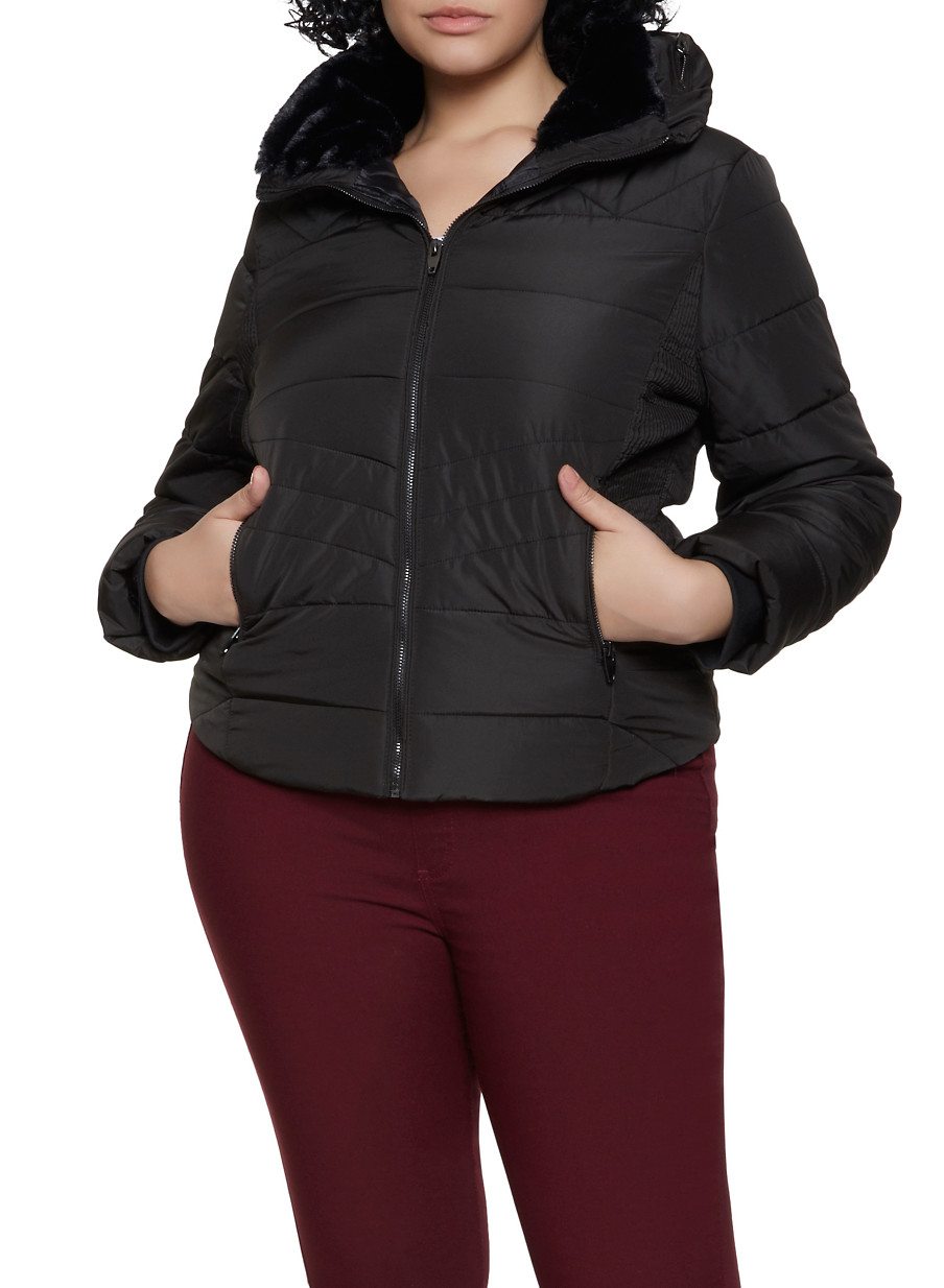 Plus Size Faux Fur Trim Hooded Puffer Jacket