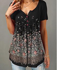 Split Neck Button Front Retro Print T Shirt
