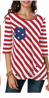 Three Quarter Sleeve Flag Print Red T Shirt