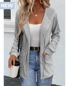 ROTITA Drawstring Open Front Grey Long Sleeve Coat