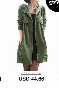 Hooded Collar Zipper Up Pocket Army Green Coat