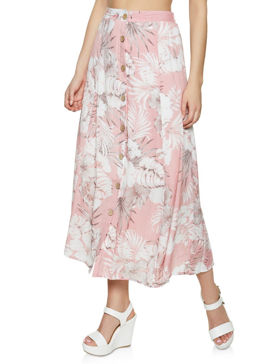 Floral Button Front Midi Skirt