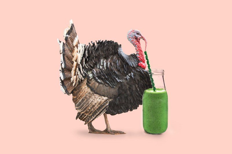 Collage of a turkey drinking green juice from a straw