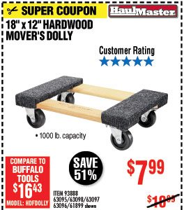 18 In x 12 In. 1000 lb. Capacity Hardwood Dolly