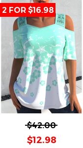 Lace Stitching Floral Print Ombre Cyan T Shirt