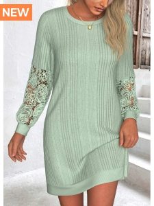 ROTITA Lace Sage Green Short Round Neck Sweatshirt Dress