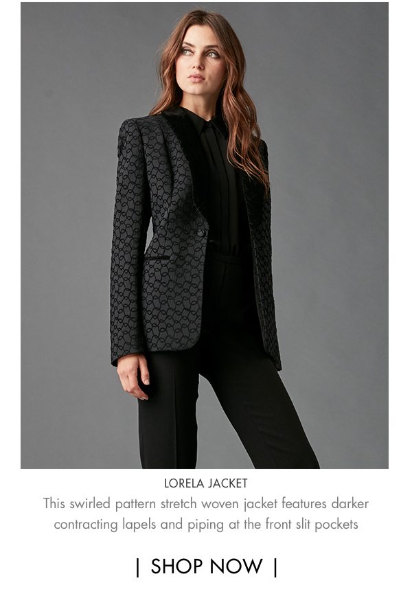 Style-Blazer - Lorela Jacket - This swirled pattern stretch woven jacket features darker contracting lapels and piping at the front slit pockets.