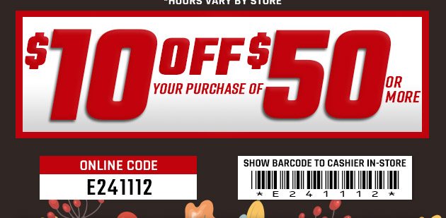 $10 off $50. Exclusions apply. Use code E241112