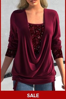 ROTITA Plus Size Sequin Wine Red Fake Two Piece Twinset