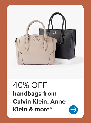 A black handbag and tan handbag. 40% off handbags from Calvin Klein, Anne Klein and more.