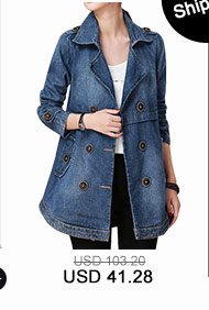 Button Embellished Notch Collar Long Sleeve Denim Coat